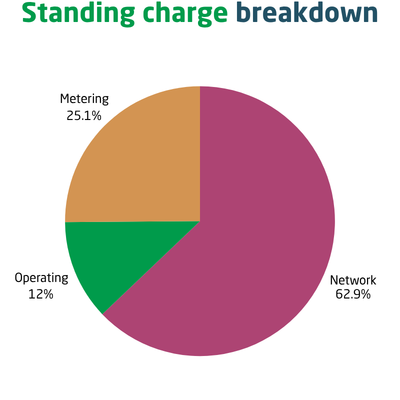 A pie chart of an electricity bill's standing charge cost breakdown. The split is 62.89% for network costs, 12% for operating costs and 25.11% for metering costs. 