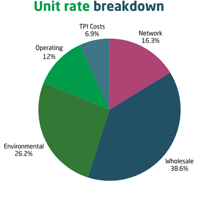 A pie chart of an electricity bill's unit rate cost breakdown. The split is 6.86 for Third-party Intermediary costs, 12% for operating costs, 16.28% for network costs and 38.6% for wholesale costs. 