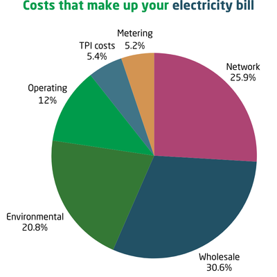 A pie chart of the costs that make up your electricity bill. This split is 5.19% for Metering, 5.44% for Third Party Intermediary costs, 12% for operating, 25.9% for the networks, 20.8% for environmental and 30.6% Wholesale.