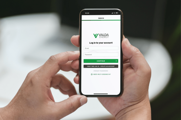 A smart phone showing the Valda Customer Portal log in screen