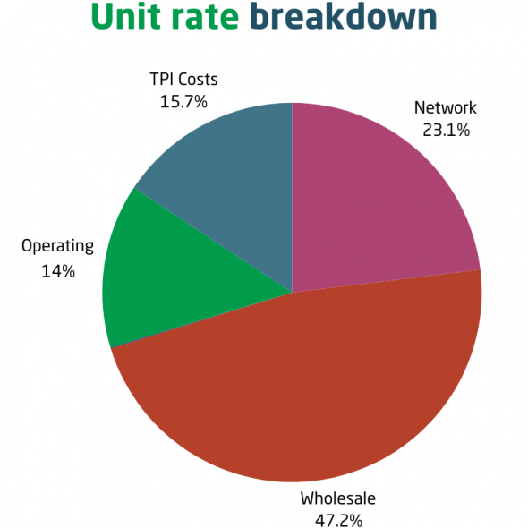 A pie chart of an electricity bill's unit rate cost breakdown. The split is 15.7 for Third-party Intermediary costs, 14% for operating costs, 23.1 for network costs and 47.2% for wholesale costs. 