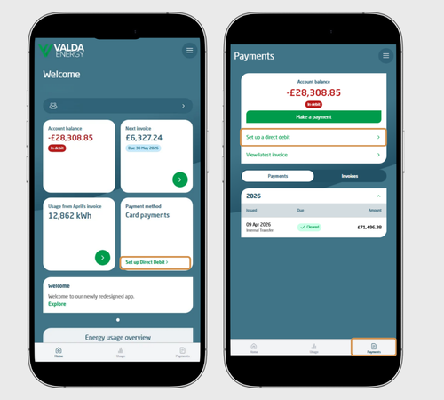 Direct Debit on Customer Portal Navigation Bar