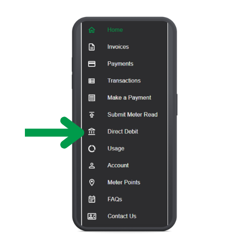 Direct Debit on Customer Portal Navigation Bar