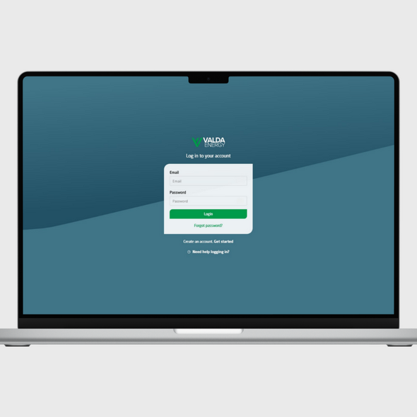 Valda Energy log in screen on laptop webapp