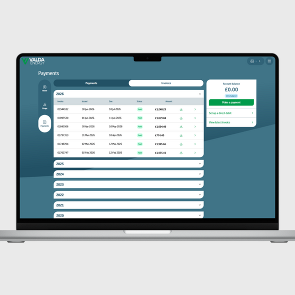 Valda Energy invoices pages on desktop