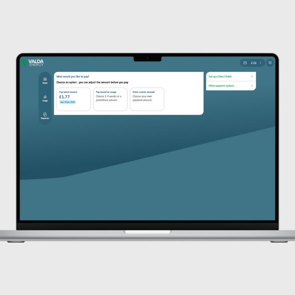 Valda Energy app payments on laptop webapp