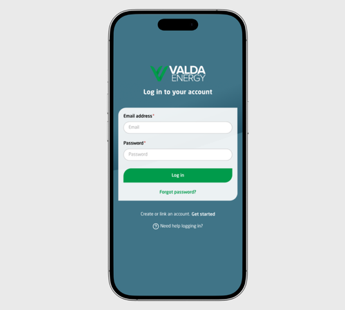 A smart phone showing the Valda Customer Portal log in screen