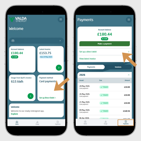 Direct Debit on Customer Portal Navigation Bar