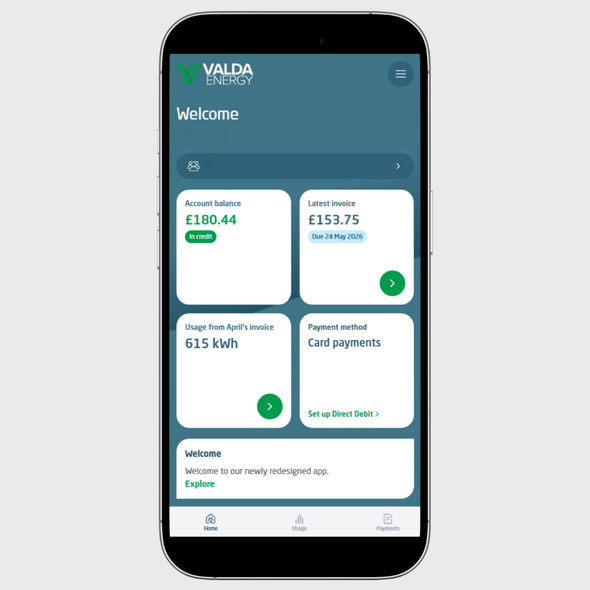 Valda Energy app homepage on mobile phone