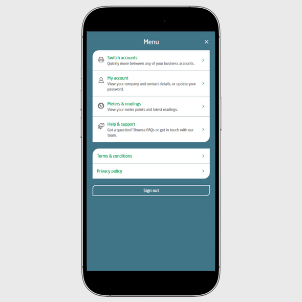 Valda Energy app navigation menu on mobile phone