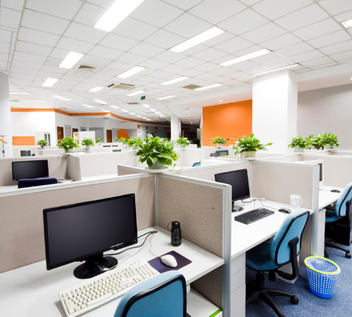 office space with desks and plants 