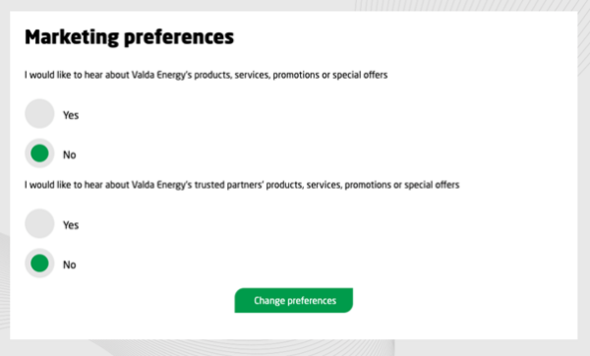 Marketing preferences screen 