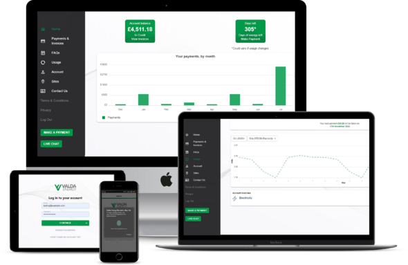 Valda Energy app and webapp on multiple devices