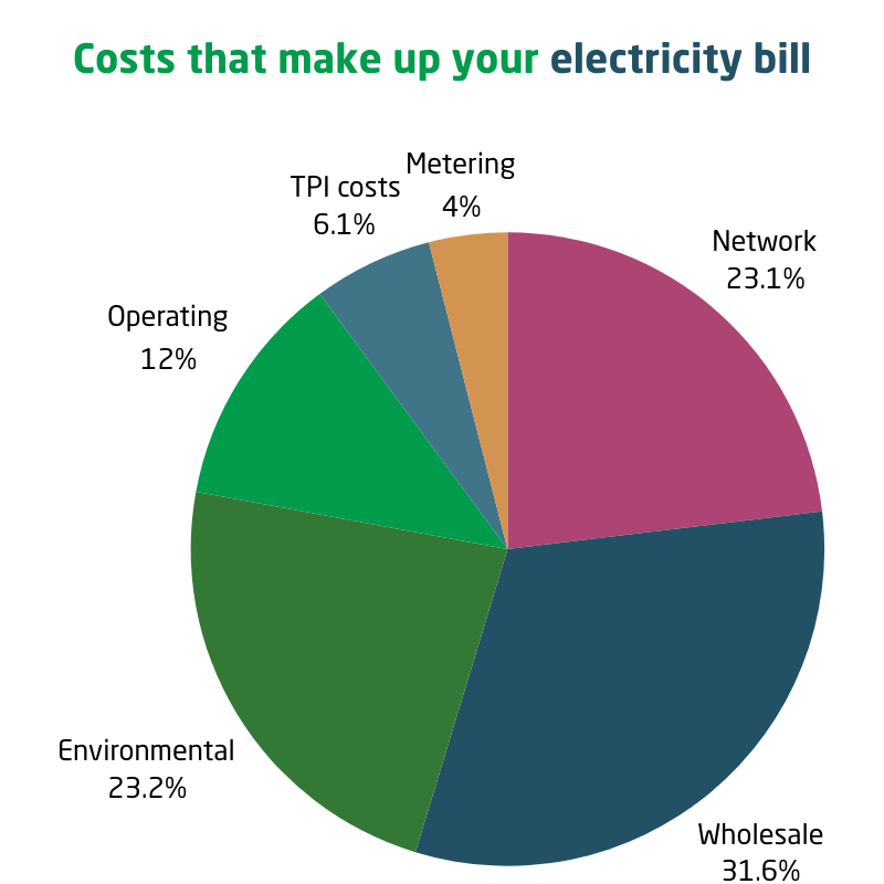 A pie chart of the costs that make up your electricity bill. This split is 4% for Metering, 6.1% for Third Party Intermediary costs, 12% for operating, 23.1% for the networks, 23.2% for environmental and 31.6% Wholesale.