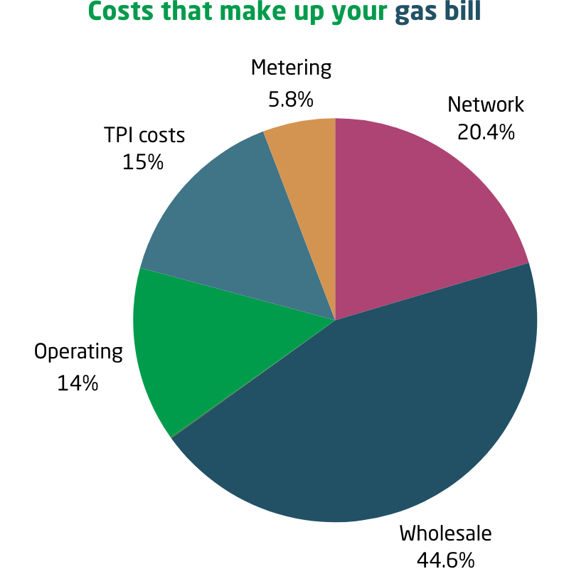 A pie chart of the costs that make up your electricity bill. This split is 5.8% for metering, 15% for Third Party Intermediary costs, 14% for operating, 20.4% for the networks and 44.6% Wholesale.