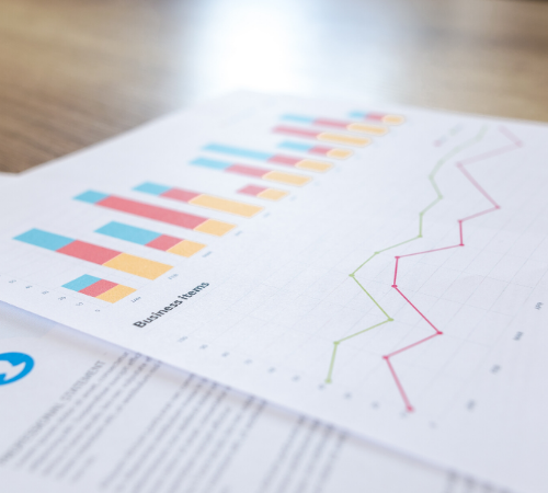 Spreadsheets with bar graph and line graph with upward trend 
