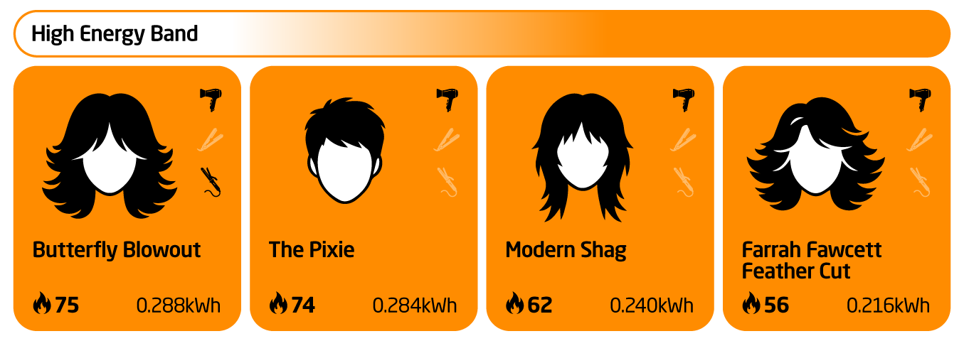 Energy Cut Index high energy use hairstyles infographic showing butterfly blowout, the pixie, modern shag and Farrah Fawcett feather cut